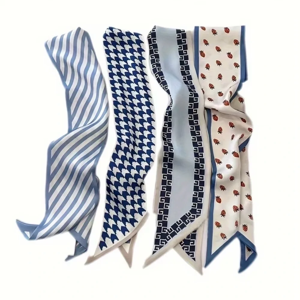 Parisian Chic Set of 4 Geometric Strawberry Twilly Scarves Stripes Houndstooth